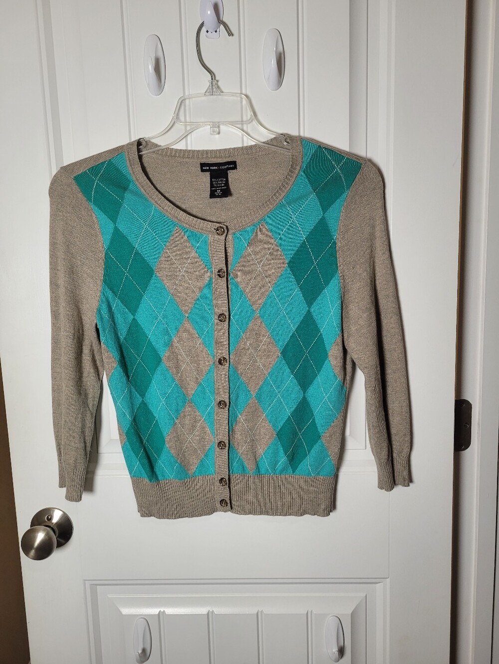 New York and Co. Aqua Argyle Button-Front Cardigan Sweater - Women